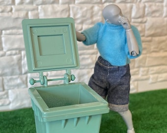 Dollhouse Supplies Trash Can with Wheels 1:12 Scale Miniature Garbage Bin Rubbish Bin Dumpster 3-1/2 inch tall  - D089
