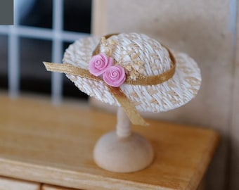 Dollhouse British Milliners with Wooden Stand 1:12 Scale Miniature Cartwheel Hat with Roses - C045