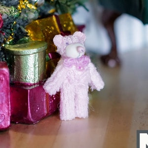 Miniature Plush Bear 1:12 Scale Dollhouse Mini Standing Bear with Ribbon (pink) - F031