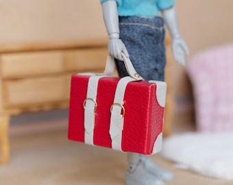 Miniature Briefcase 1:12 Scale Dollhouse Decor Suitcase Wrapped in Faux Leather 1-7/8 inch wide (red/gray) (non opening) -