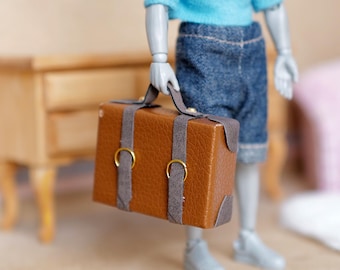 Miniature Briefcase 1:12 Scale Dollhouse Decor Suitcase Wrapped in Faux Leather 1-7/8 inch wide (light brown) (non opening) -