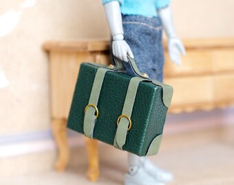 Miniature Briefcase 1:12 Scale Dollhouse Decor Suitcase Wrapped in Faux Leather 1-7/8 inch wide (green) (non opening) -