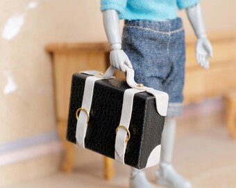 Miniature Briefcase 1:12 Scale Dollhouse Decor Suitcase Wrapped in Faux Leather 1-7/8 inch wide (black/gray) (non opening) -