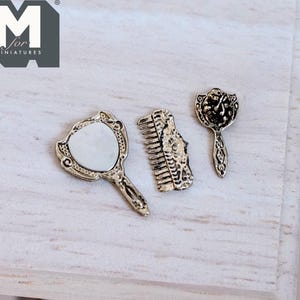Miniature Comb , Mirror and Detangler Brush 1:12 Scale Dollhouse Supplies Dressing Table Accessories Set of 3 (metal) - F036