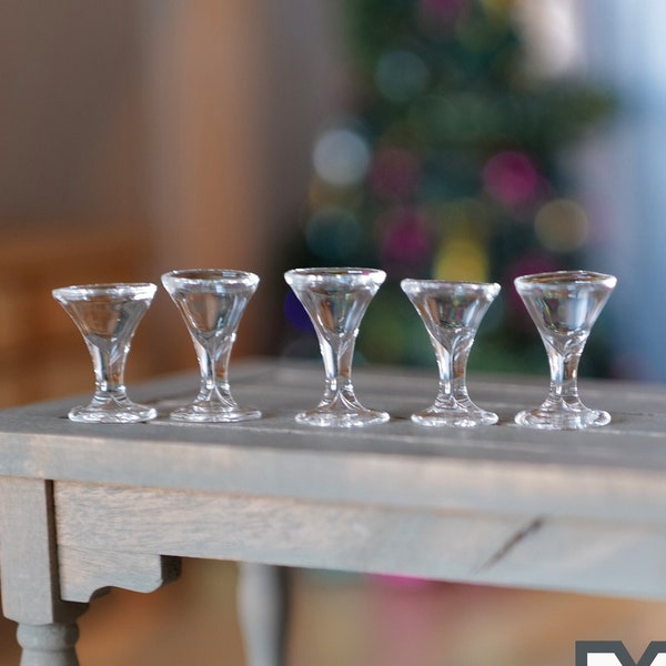 Miniature Martini Glasses Set of 5 , 1:12 Scale Dollhouse Handmade Liquor Wine Glasses (real glass) - E082