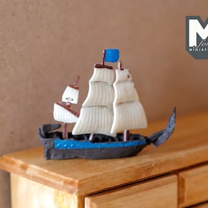 Miniature Sailing Ship 1:12 Scale Dollhouse Supplies Decoration Sail Boat 1-13/16 inch long (plastic) (blue) - G070
