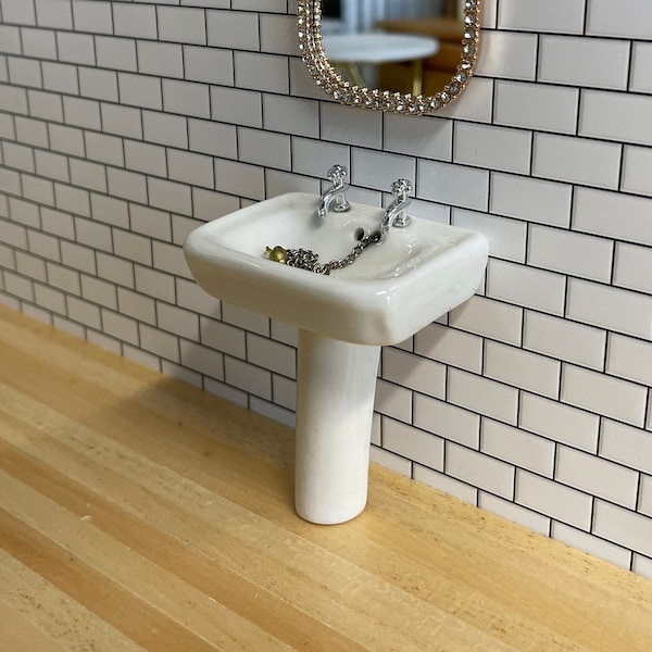 1:12 Dollhouse Miniature Rectangular Sink with Faucet and Pedestal , Ceramic Sink Pedestal - C087