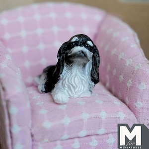 Miniature Laying Spaniel 1:12 Scale Cavalier King Charles Spaniel Figurine 1-11/16 inch long (cast resin) (black and white) -