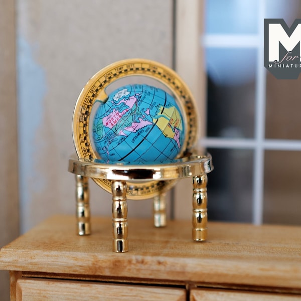 Miniature Globe with Metal Base , 1:12 Scale Dollhouse Blue Earth Globe (globe can spin a little) , Dollhouse World Globe - B073
