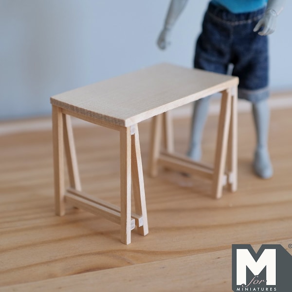 Dollhouse Trestle Table , 1:12 Scale Unfinished Miniature Farmhouse Table , Plank Table , Wooden Sawhorse Table - WS4C