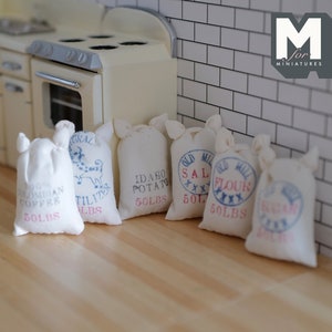 Dollhouse Miniature Sacks of Flour , Sugar , Salt , Coffee Beans , Potatoes and Fertilizers in 1:12 Scale , Set of 6 - B049
