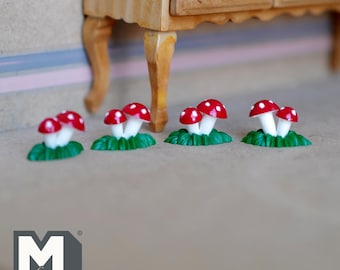 Miniatur Doppel Fliegenpilz auf Basis 1:12 Feengarten Pilze 4er-Set, 1/2 Zoll groß - F079