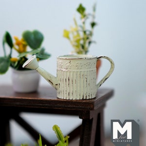 May include: A miniature white metal watering can with a distressed finish and floral details. The watering can is sitting on a wooden shelf with two potted plants.