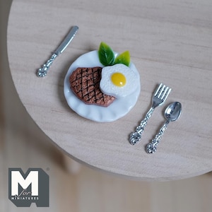 Miniature Steak and Egg 1:12 Scale Dollhouse Supplies Food Grilled Steak and Egg on Plate with Cutlery 15/16 inch dia. - E027
