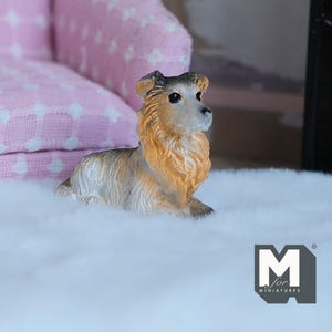Miniature Laying Rough Collie 1:12 Scale Collie Figurine 1-9/16 inch long (cast resin) (white and tan) -