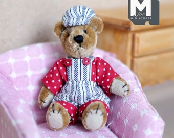 Dollhouse Supplies DIY Miniature Plush Mama Bear with Cap and Overalls 1:12 Scale Bear with Flexible Limbs 2-3/4 inch tall (from WMB) - H047