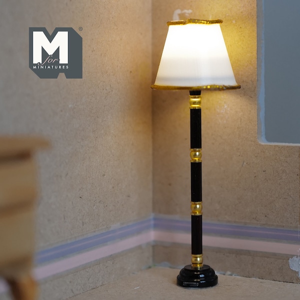 Dollhouse Floor Lamp with White Shade 1:12 Scale Miniature Battery LED Light