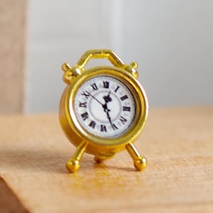 Miniature Metal Alarm Clock Twin Bell 1:12 Scale Dollhouse Bell Clock 5/8 inch tall (gold) - H025
