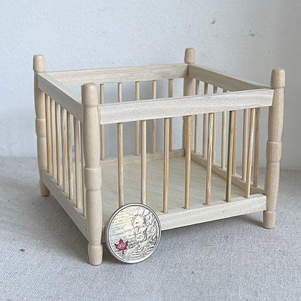 1:12 Dollhouse Miniature Unpainted, Unfinished, Wooden Square Baby Crib Playpen with Foam Mattress - B008