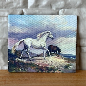 1:12 Miniature Canvas White Horse , Brown Horse , Canvas Calming Horses , Miniature Painting (printed on canvas) - F053