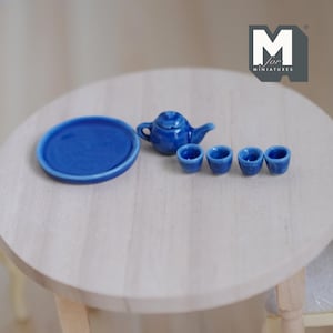 Dollhouse Teapot Cups and Tray Set 1:12 Scale Miniature Ceramic Set of 6 (blue) - A036