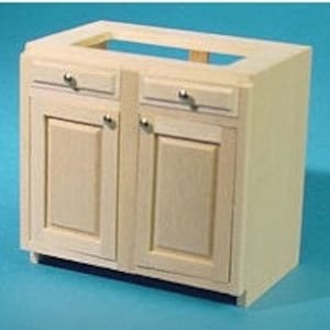May include: Unfinished wooden cabinet with two drawers and two doors. The cabinet has a simple design with a flat top and a slightly curved front edge.