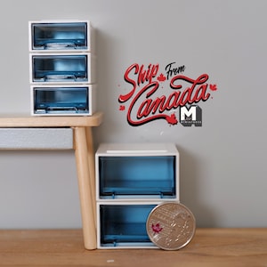 Op de afbeelding: Drie witte kunststof ladenunits met doorzichtige blauwe laden. De laden zijn op elkaar gestapeld. De units staan op een houten tafel. Een Canadese munt ligt voor de onderste ladenunit. De tekst "Ship from Canada" is in rood op een grijze muur geschreven.