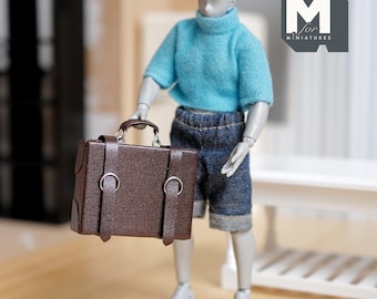 Miniature Briefcase 1:12 Scale Dollhouse Decor Suitcase Wrapped in Faux Leather 1-7/8 inch wide (brown) (non opening) -