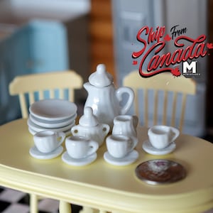 Dollhouse miniature porcelain ceramic teapot and cups 15 piece set plain white teapot - A053
