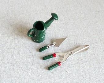 Dollhouse Miniature garden tools watering can, trowel, and clippers, gardening 1 12 scale miniature Active set of 3 F094