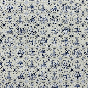 May include: A white background with a repeating pattern of blue and white circles. Each circle contains a different design, including windmills, birds, flowers, and people. The design is reminiscent of traditional Dutch Delftware.