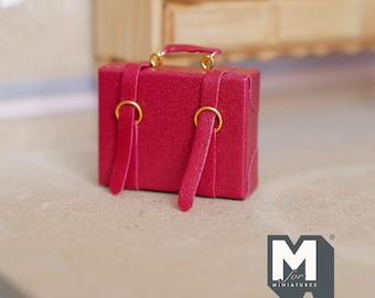 Miniature Briefcase 1:12 Scale Dollhouse Decor Suitcase Wrapped in Faux Leather 1-7/8 inch wide (red) (non opening) -