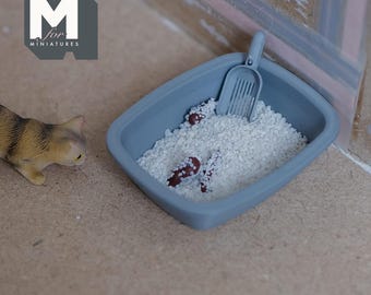 Dollhouse Miniature Litter Box with Scoop, fake Poop and Sand - B034