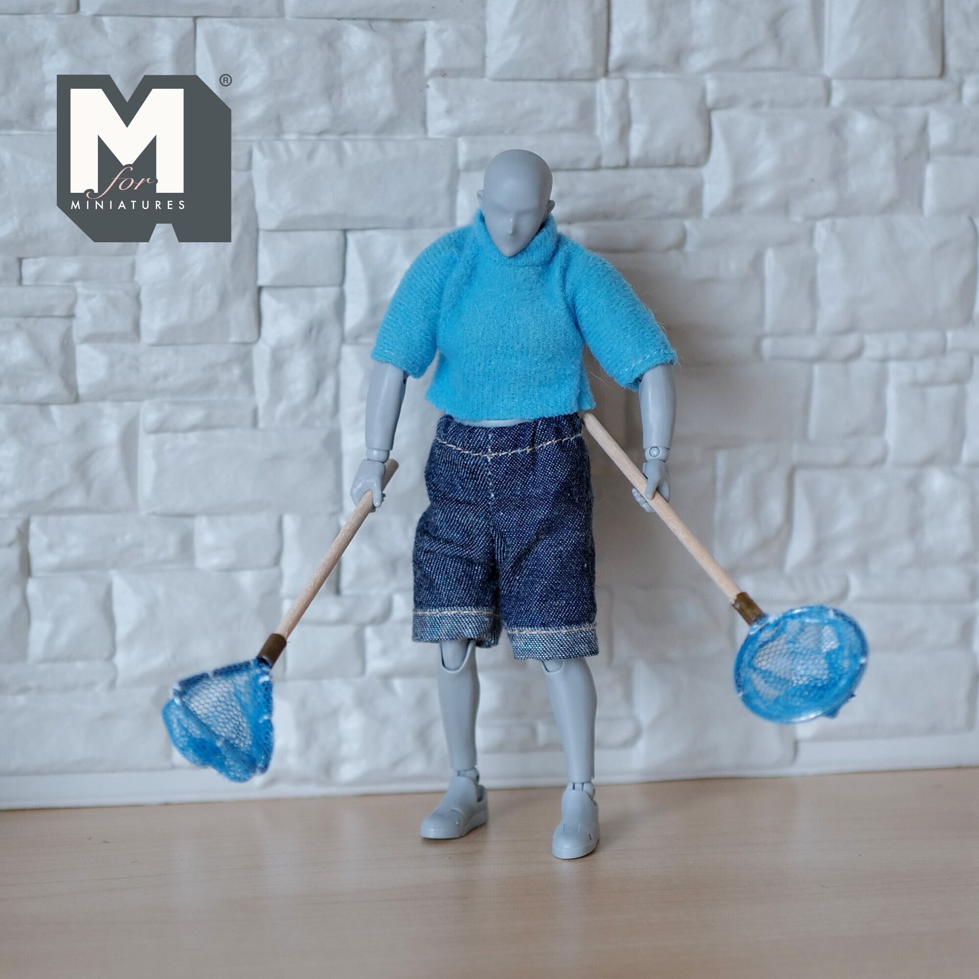 Set di 2 reti da pesca in miniatura, decorazione per sport all'aperto per casa delle bambole in scala 1:12 (blu) - H033 - Italia