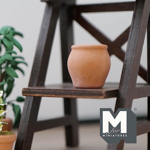 May include: A small terracotta pot sits on a wooden shelf of a miniature ladder. The ladder is made of dark brown wood and has a white label with the text "M for Miniatures".