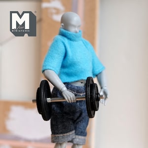 Miniature Dumbbell and Weight Plates 1:12 Scale Hand Weights Fitness Weightlifting Iron Exercise Weights 2-1/8 inch long - F029