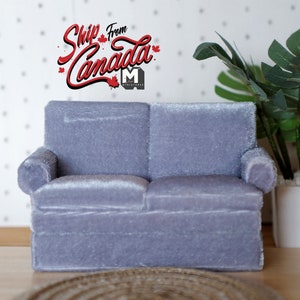 Dollhouse velvet couch with coffee table 1:12 scale miniature furniture sofa (gray) - K024