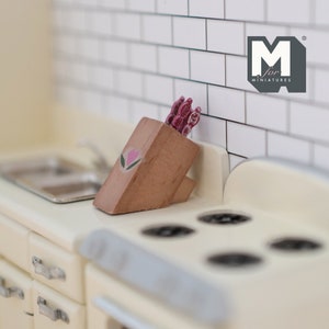 Miniature Wood Knife Block 1:12 Scale Dollhouse Supplies Kitchen Accessories 1-1/4 inch tall (silver handles) - A027
