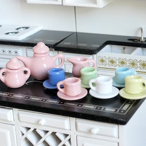 Dollhouse porcelain ceramic teapot tea 15 piece set doll house teapot tea cups tray parlour - A021