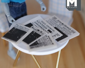 Miniature Newspaper , 1:12 Scale Dollhouse Supplies 5 Pages Double Side Newspapers , 2 Large Size , 3 Medium Size C039