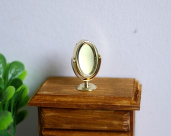 Dollhouse Supplies Miniature Vanity Mirror 1:12 Scale Bedroom Decor Turnable Mirror Doll House Dresser Mirror (Gold) - F040
