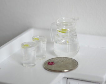 Dollhouse Miniature Lemon Water Jar with Ice and Glass of Lemon Water with Ice miniature beverage fountain drink - H021