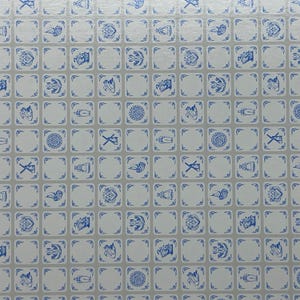 May include: A white background with a repeating pattern of blue and white tiles. Each tile features a different Dutch-inspired design, including windmills, tulips, and clogs.