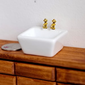 1:12 Dollhouse miniature ceramic bathroom vessel sink with gold style faucet (square) I051