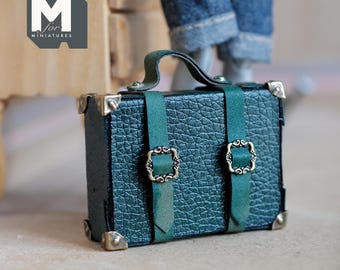 1:12 Scale Miniature Faux Leather Suitcase with Buckle Straps, 1-7/8 inch wide, Dollhouse Decor (dark green) (non opening)