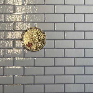 May include: A gold-colored coin featuring a portrait of a man and the text "25 CENTS". A red maple leaf is also visible on the coin. The coin is set against a light gray brick background.