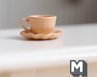 Miniature Coffee Cup and Saucer Set 1:12 Scale Dollhouse Tea Cup Drinkware Set of 2 (light orange) (metal) - F074