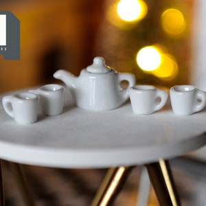 Dollhouse Miniatures Ceramic white teapot tea 5 piece set doll house teapot tea cups tray parlour miniature (white) - A016