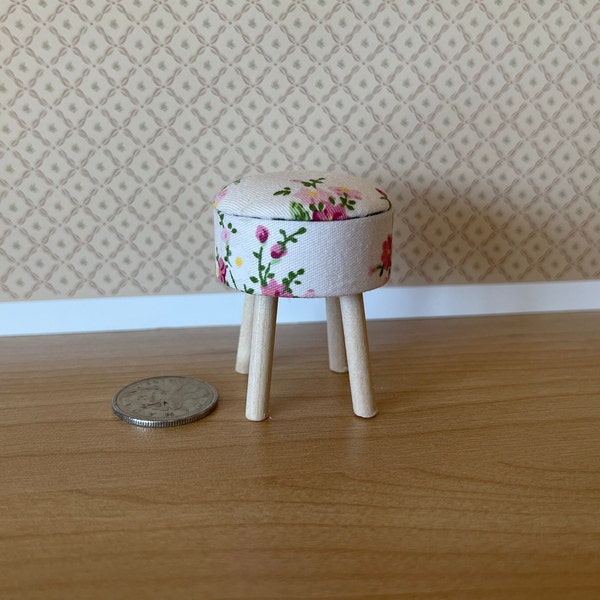 1:12 Miniature Vanity Round Stool , Dollhouse Furniture Wooden Stool with Fabric Seat Cover D010