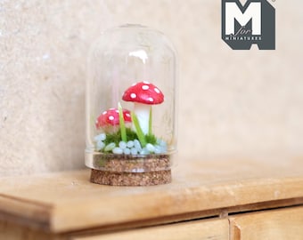 Miniature Red Mushroom Terrarium in Glass Cloche 1:12 Scale Fairy Garden Decor 1-7/16 inch tall - B056